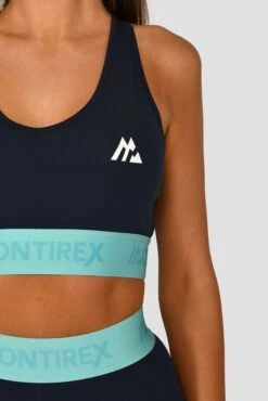 Icon Contrast Sports Bra - Midnight Blue/Arctic Blue/Neon Sky -Sports Clothing Store ICONCONTRASTSPORTSBRA NEONSKY MIDNIGHTBLUE CLOSEUPLOGO