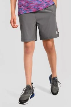 Junior Trail Panel Short - Dark Grey/Navy/Pink -Sports Clothing Store TRAIL PANEL SHORT CEMENT GREY MIDNIGHT BLUE SHOCKING PINK front